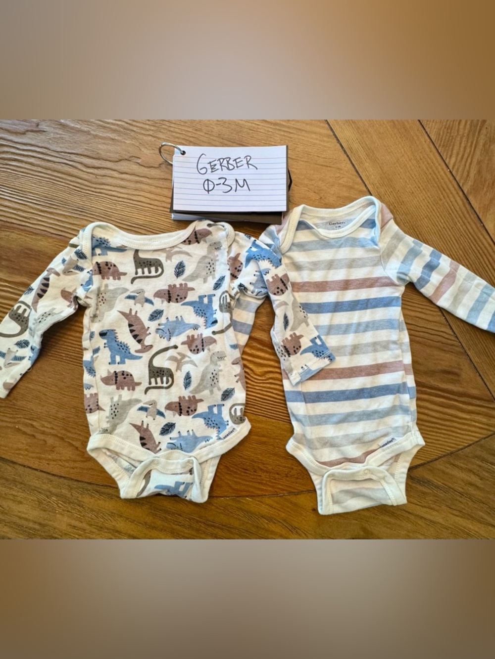 Gerber Long-Sleeve Baby One-Pieces in Blue & Brown Stripes and Dino Print